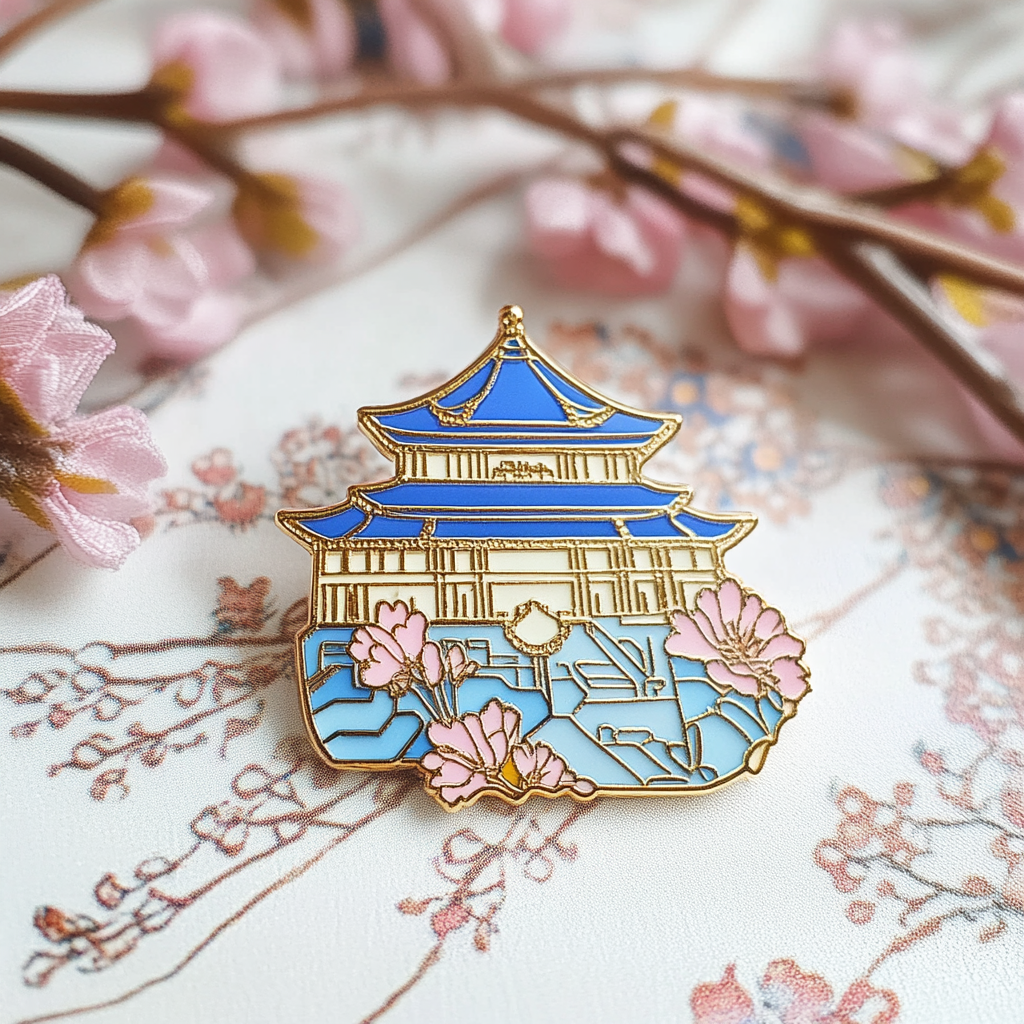 lilier10969_Enamel_pin_depictingaChinese_palace_with_pink_flowe_c3798b7b-5974-4b00-9de7-4bab868ca422 AI Design -- Design Pins with Midjourney